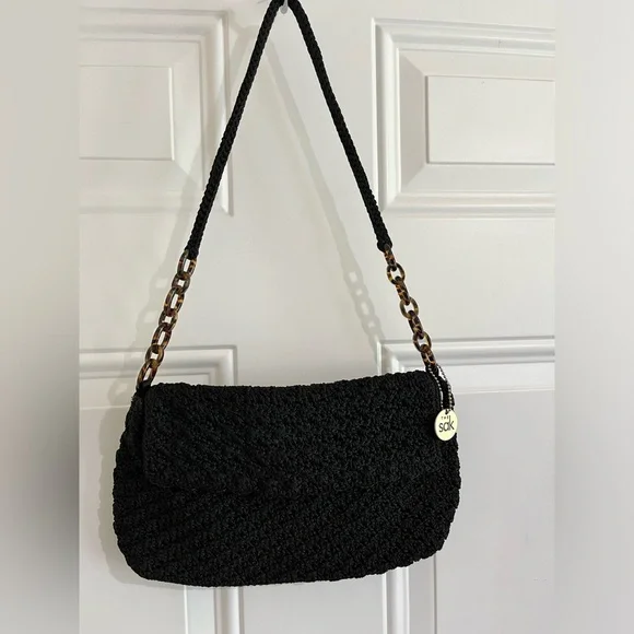 The Sak Black Crochet Flap Snap Closure Faux Tortoise Links Shoulder Mini Bag - Picture 3 of 11